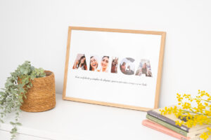 Lámina personalizada con la palabra "AMIGA", cada letra formada por fotos. Con marco de madera natural (opcional).
