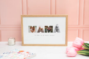 Lámina palabra Mamá con fotos tamaño 20x30 cm con marco en color natural