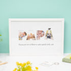 Lámina personalizada con la palabra PAPÁ, cada letra formada por fotos. Con marco de madera blanca.