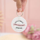 Llavero de plástico redondo personalizado con la frase "Esta es la familia de la mejor mamá" y foto por la otra cara