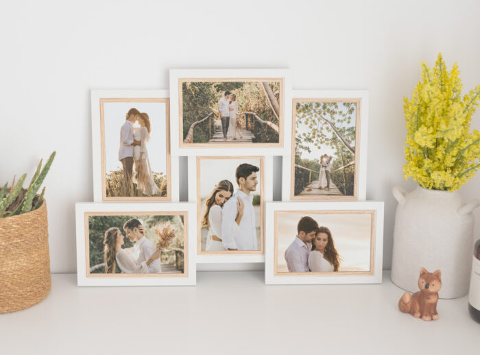 Marco múltiple modelo Nordic para 6 fotos. En color blanco y madera natural