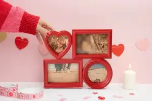 Portafotos múltiple de pared con cuatro fotografías, formas de corazón y marco rojo
