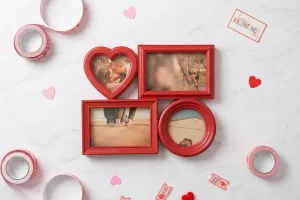 Multimarco enamorados visto desde arriba con cuatro fotografías impresas