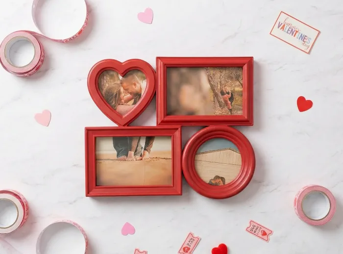 Multimarco enamorados visto desde arriba con cuatro fotografías impresas