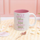 Taza de cerámica con interior blanco, personalizada con la frase "Mi madre es hermosa, valiente, buena, brillante, honesta" y una foto.